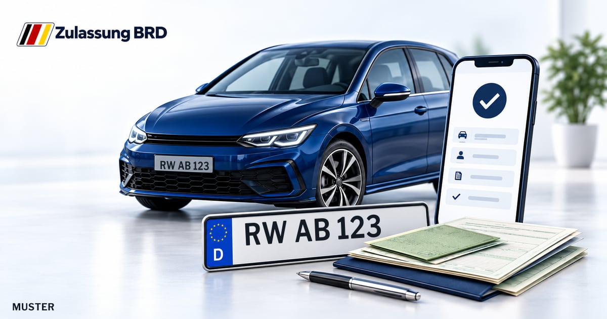 Online Fahrzeugzulassung in Rottweil: Musterkennzeichen RW AB 123, Auto und Fahrzeugpapiere und Smartphone. Illustration mit Logo von Zulassung BRD.